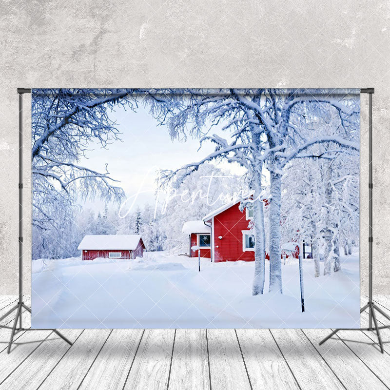 Aperturee - Aperturee Winter Snowy Wild Field Red House Scene Backdrop