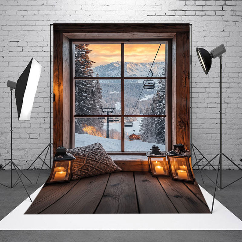 Aperturee - Aperturee Winter Snowy Wooden Window Floor Scenery Backdrop