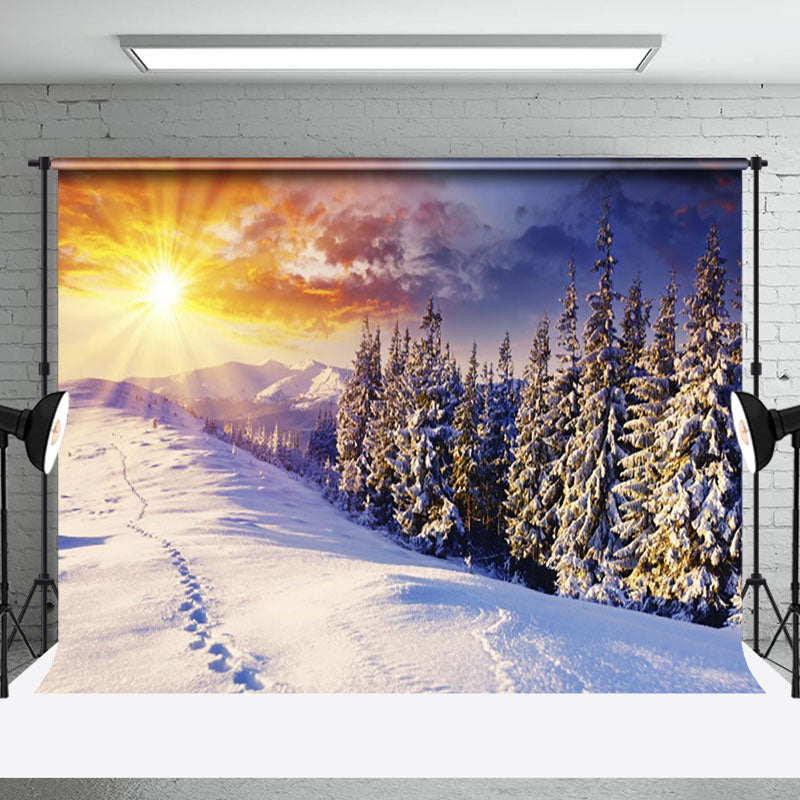 Aperturee - Aperturee Winter Sunrise Snowy Nature Forest Scene Backdrop