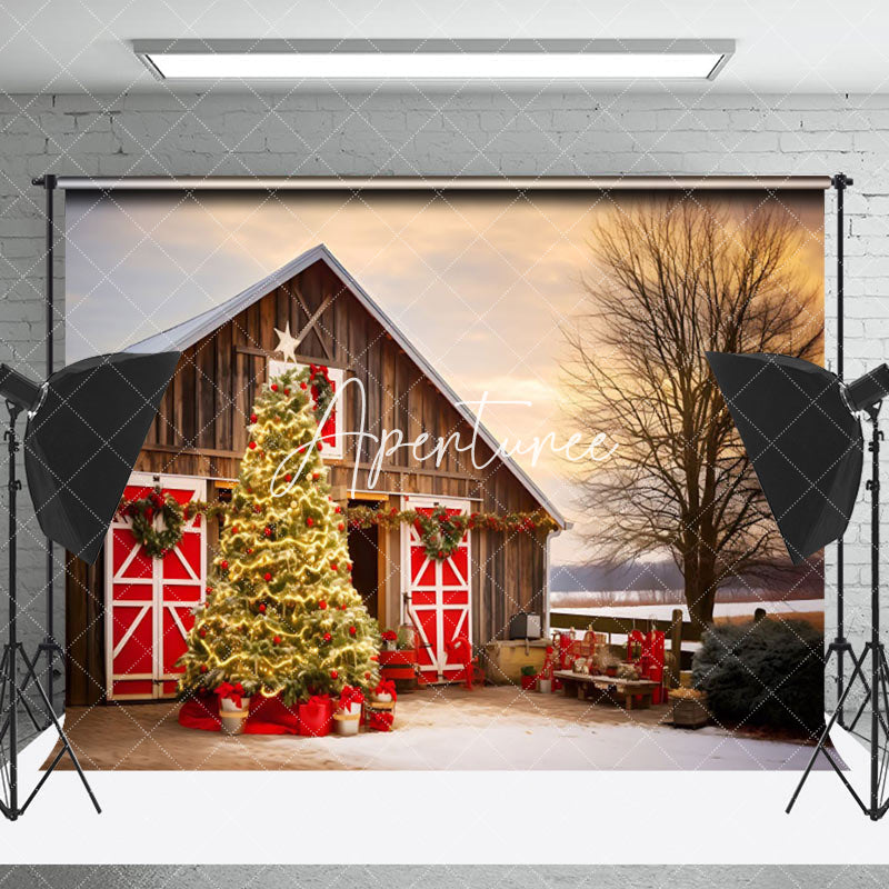 Aperturee - Aperturee Winter Sunset Barn Xmas Trees Christmas Backdrop