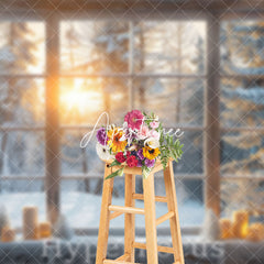 Aperturee - Aperturee Winter Sunshine Snowy Forest Window Scene Backdrop