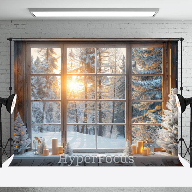 Aperturee - Aperturee Winter Sunshine Snowy Forest Window Scene Backdrop