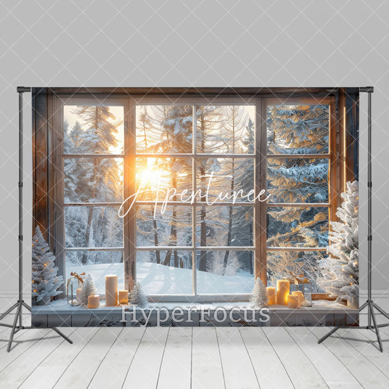 Aperturee - Aperturee Winter Sunshine Snowy Forest Window Scene Backdrop