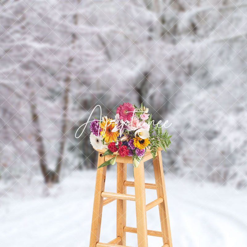 Aperturee - Aperturee Winter White Snowy Natural Forest Scene Backdrop