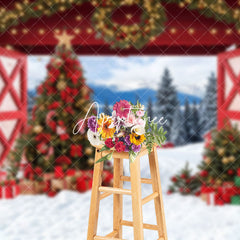 Aperturee - Aperturee Winter Wild Field Red Gate Trees Christmas Backdrop