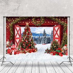 Aperturee - Aperturee Winter Wild Field Red Gate Trees Christmas Backdrop