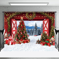 Aperturee - Aperturee Winter Wild Field Red Gate Trees Christmas Backdrop