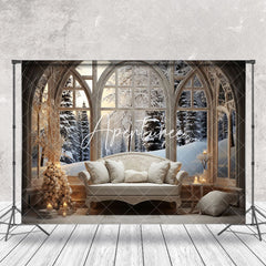 Aperturee - Aperturee Wood Arch Window Winter World Cozy Sofa Backdrop