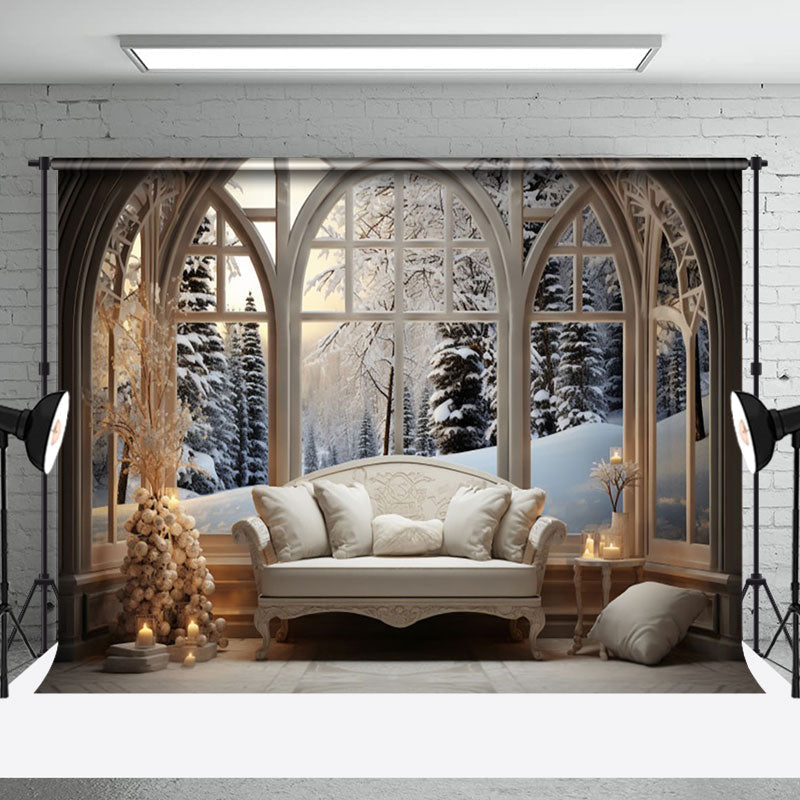 Aperturee - Aperturee Wood Arch Window Winter World Cozy Sofa Backdrop