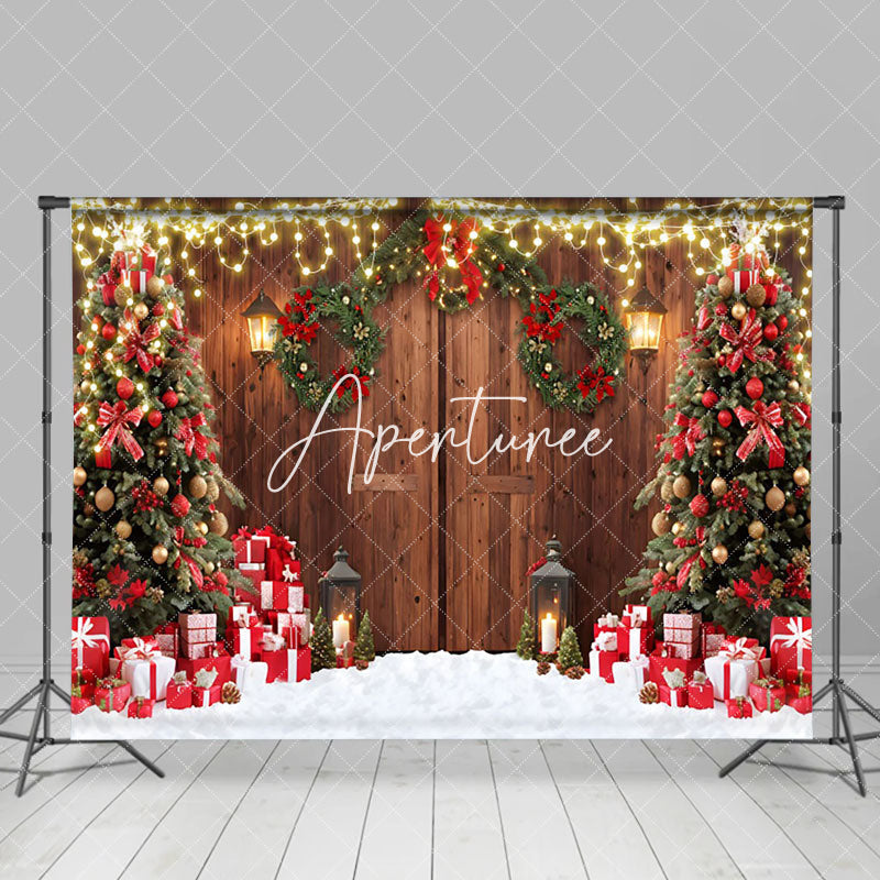 Aperturee - Aperturee Wood Barn Door Wreath Tree Snow Christmas Backdrop