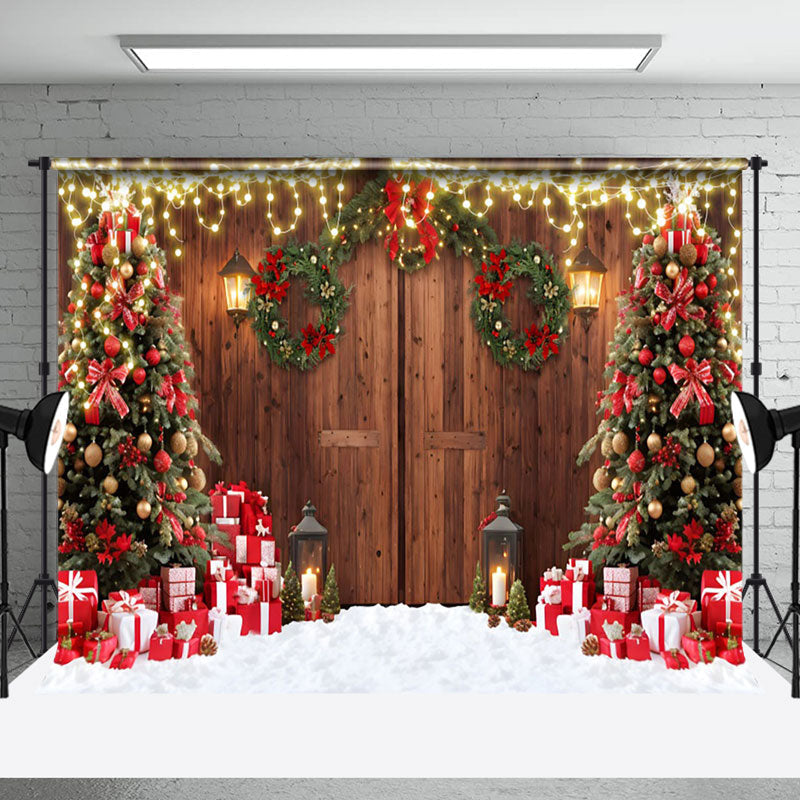 Aperturee - Aperturee Wood Barn Door Wreath Tree Snow Christmas Backdrop