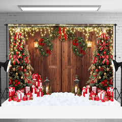 Aperturee - Aperturee Wood Barn Door Wreath Tree Snow Christmas Backdrop