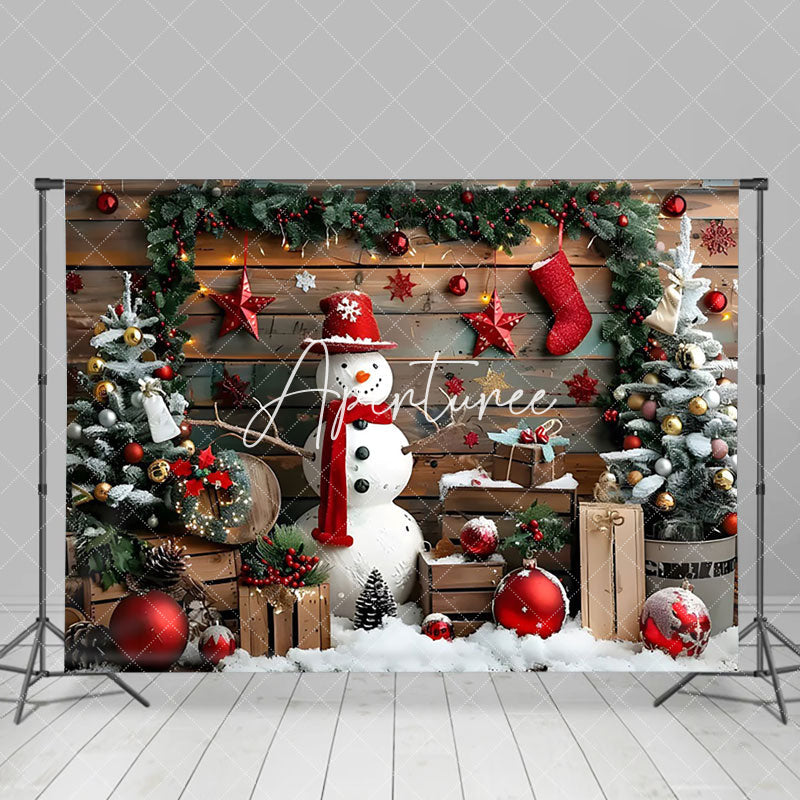 Aperturee - Aperturee Wood Board Snowman Christmas Baubles Photo Backdrop