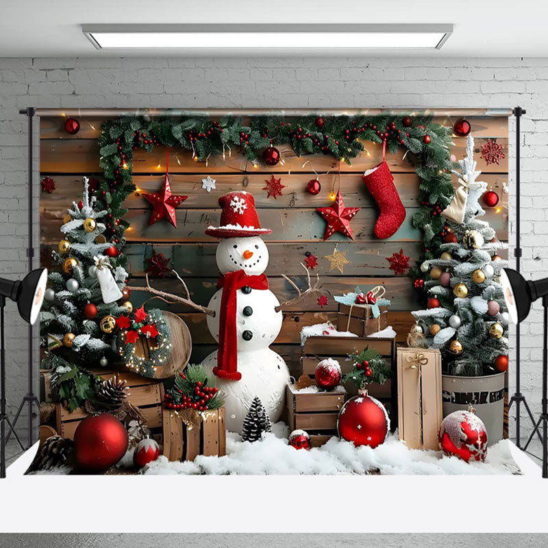 Aperturee - Aperturee Wood Board Snowman Christmas Baubles Photo Backdrop