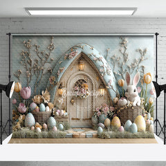 Aperturee - Aperturee Wood Bunny Hutch Eggs Floral Easter Photo Backdrop