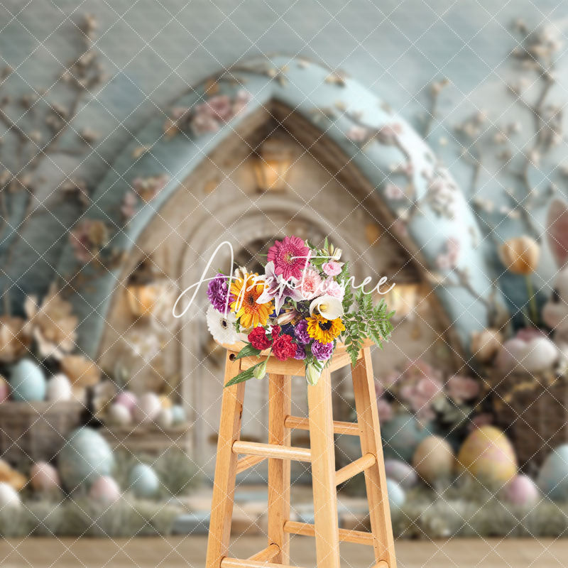 Aperturee - Aperturee Wood Bunny Hutch Eggs Floral Easter Photo Backdrop