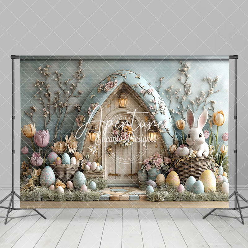 Aperturee - Aperturee Wood Bunny Hutch Eggs Floral Easter Photo Backdrop