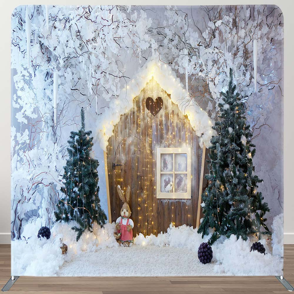 Aperturee - Aperturee Wood Cabin Snowy Tree Winter Tension Fabric Backdrop