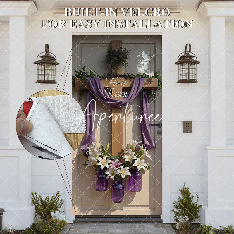 Aperturee - Aperturee Wood Cross Floral He Is Risen Easter Door Cover