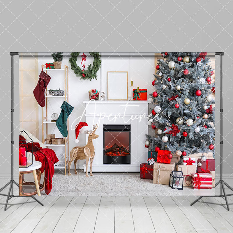 Aperturee - Aperturee Wood Dear White Modern Fireplace Christmas Backdrop