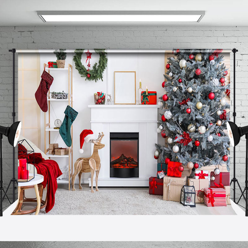 Aperturee - Aperturee Wood Dear White Modern Fireplace Christmas Backdrop