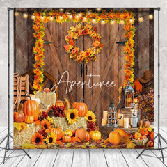 Aperturee - Aperturee Wood Door Autumn Wreath Pumpkin Fall Backdrop