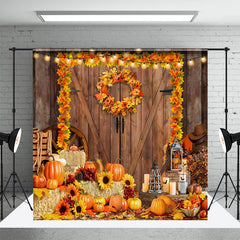 Aperturee - Aperturee Wood Door Autumn Wreath Pumpkin Fall Backdrop