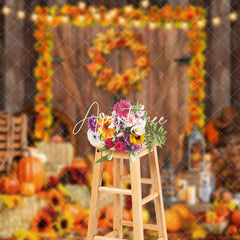 Aperturee - Aperturee Wood Door Autumn Wreath Pumpkin Fall Backdrop