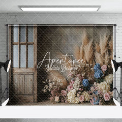 Aperturee - Aperturee Wood Door Boho Floral Reed Wedding Photo Backdrop