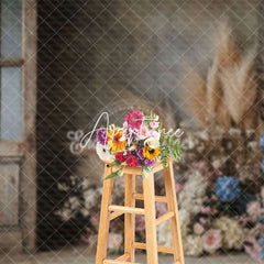 Aperturee - Aperturee Wood Door Boho Floral Reed Wedding Photo Backdrop