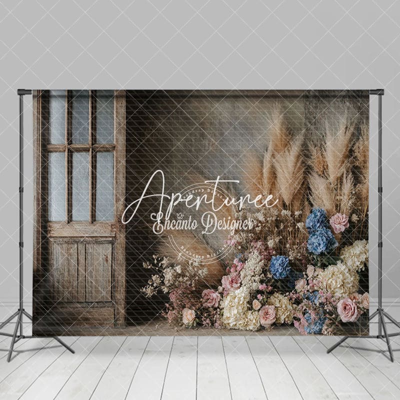 Aperturee - Aperturee Wood Door Boho Floral Reed Wedding Photo Backdrop