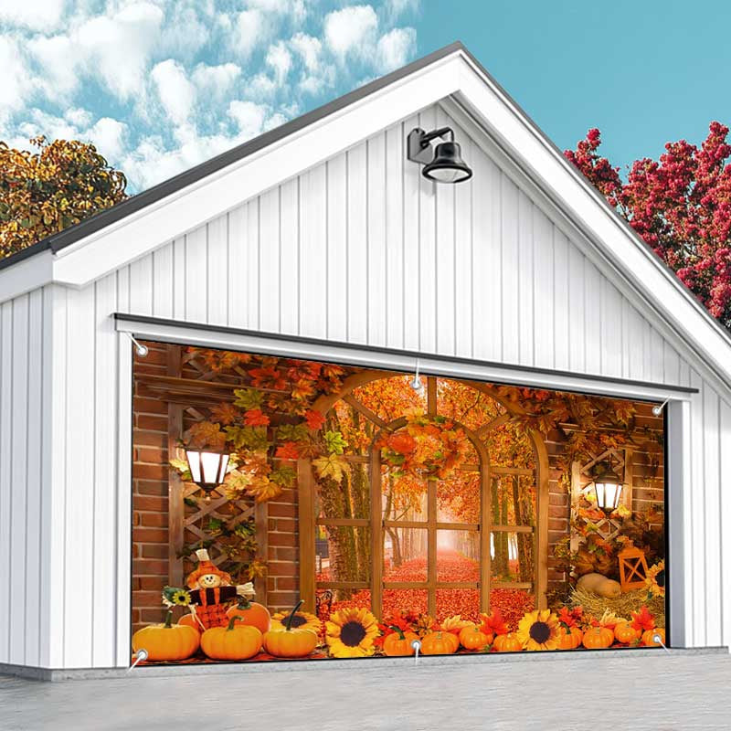 Aperturee - Aperturee Wood Door Brick Wall Maples Fall Garage Door Banner