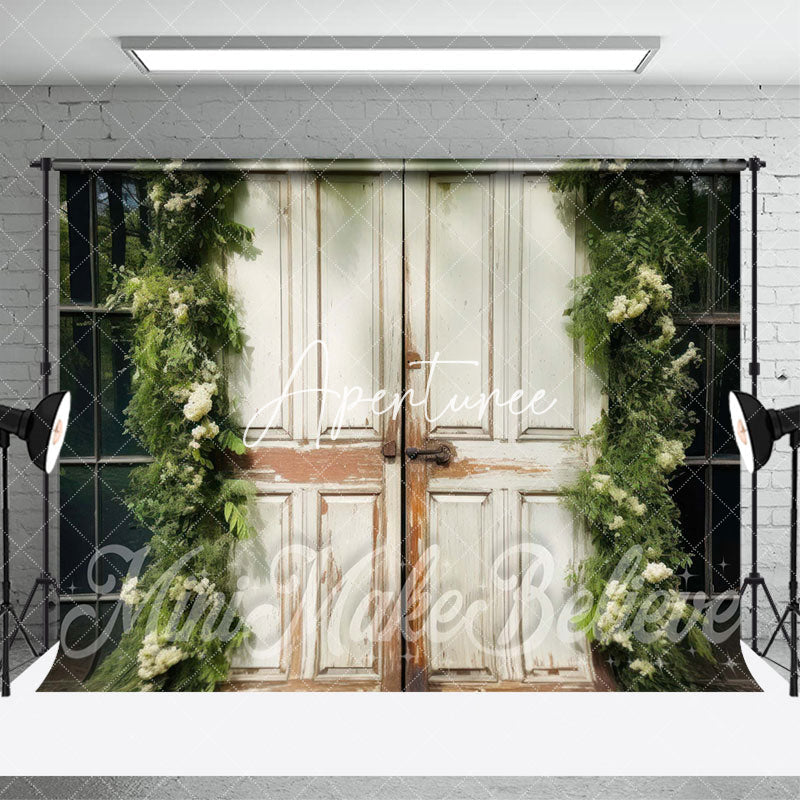 Aperturee - Aperturee Wood Door Greenery Floor Tiles Combo Set Backdrop