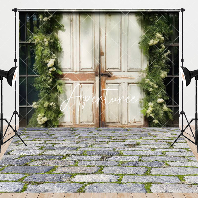 Aperturee - Aperturee Wood Door Greenery Floor Tiles Combo Set Backdrop