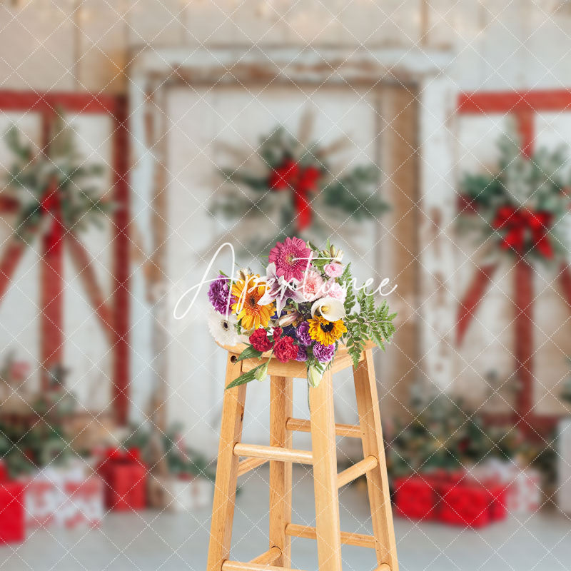 Aperturee - Aperturee Wood Door Red Poinsettia Decor Winter Christmas Backdrop