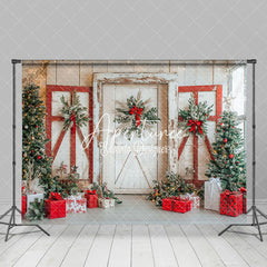 Aperturee - Aperturee Wood Door Red Poinsettia Decor Winter Christmas Backdrop