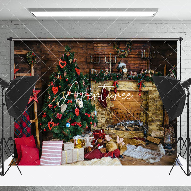 Aperturee - Aperturee Wood Fireplace Dolls Christmas Photo Backdrop