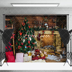 Aperturee - Aperturee Wood Fireplace Dolls Christmas Photo Backdrop