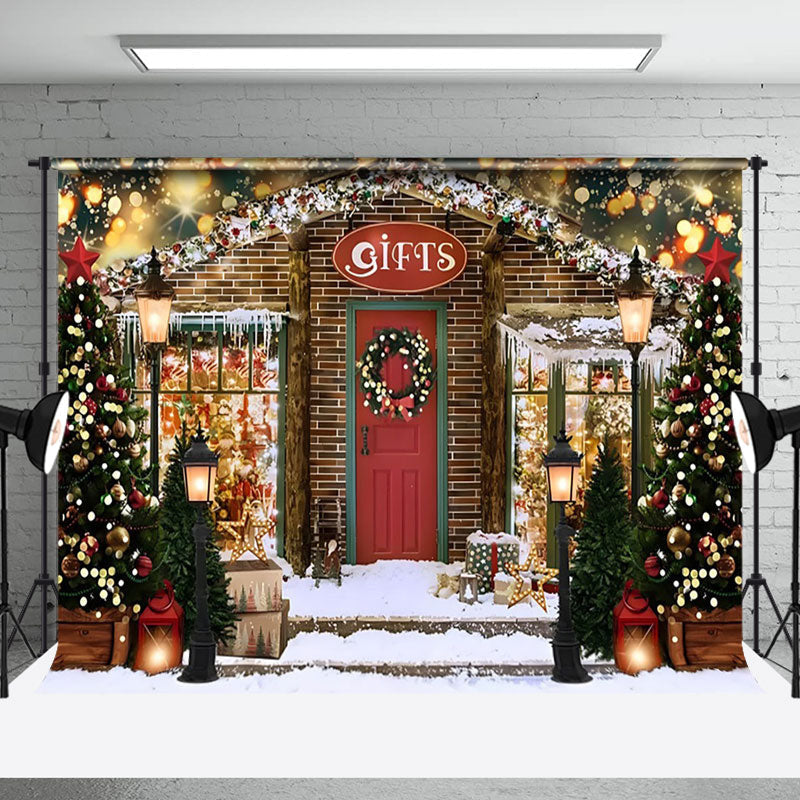 Aperturee - Aperturee Wood Gift Store Bokeh Light Snow Christmas Backdrop