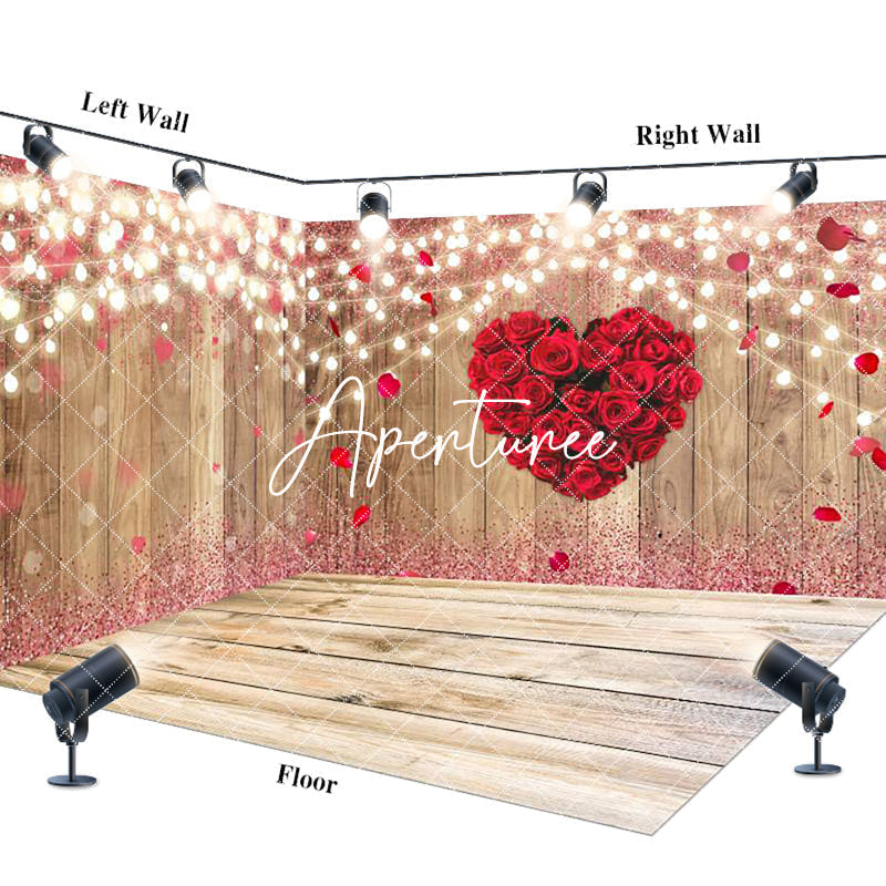 Aperturee - Aperturee Wood Grain Lighted Red Rose Love Room Set Backdrop