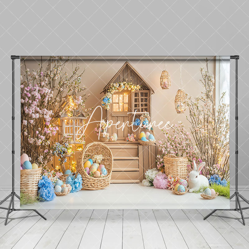 Aperturee - Aperturee Wood House Colorful Eggs Floral Bunny Easter Backdrop