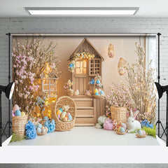 Aperturee - Aperturee Wood House Colorful Eggs Floral Bunny Easter Backdrop