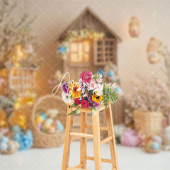 Aperturee - Aperturee Wood House Colorful Eggs Floral Bunny Easter Backdrop