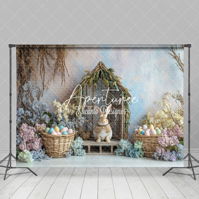 Aperturee - Aperturee Wood Rabbit Hutch Rainbow Wall Floral Easter Backdrop