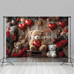 Aperturee - Aperturee Wood Room Rose Balloons Bear Valentines Day Backdrop