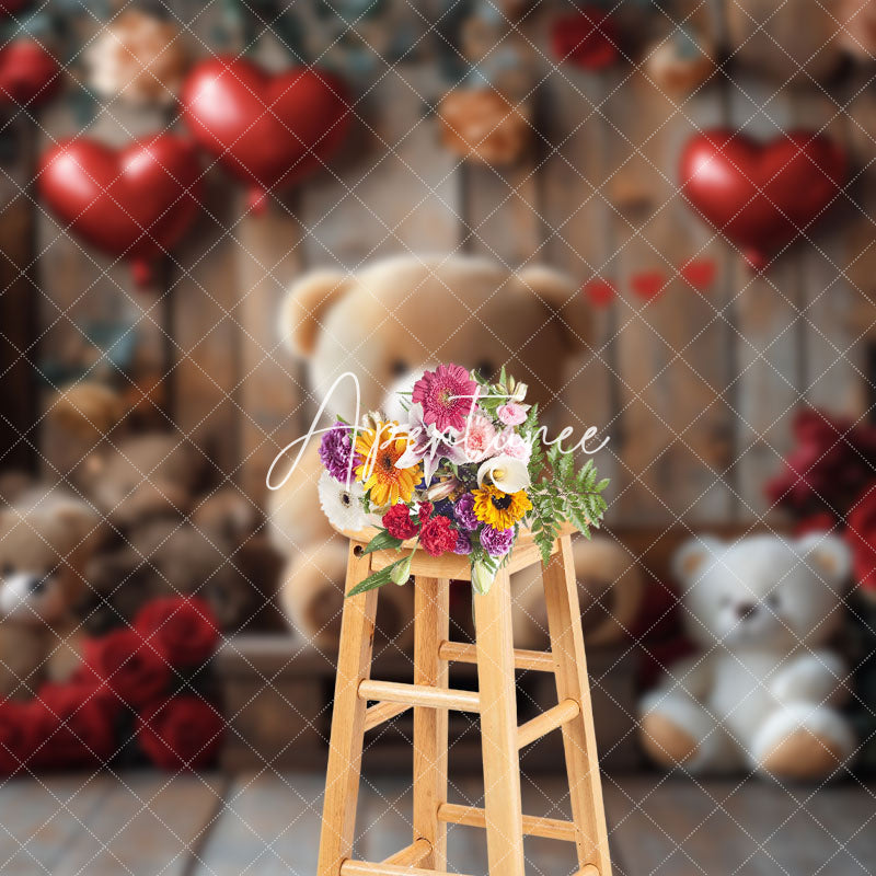 Aperturee - Aperturee Wood Room Rose Balloons Bear Valentines Day Backdrop