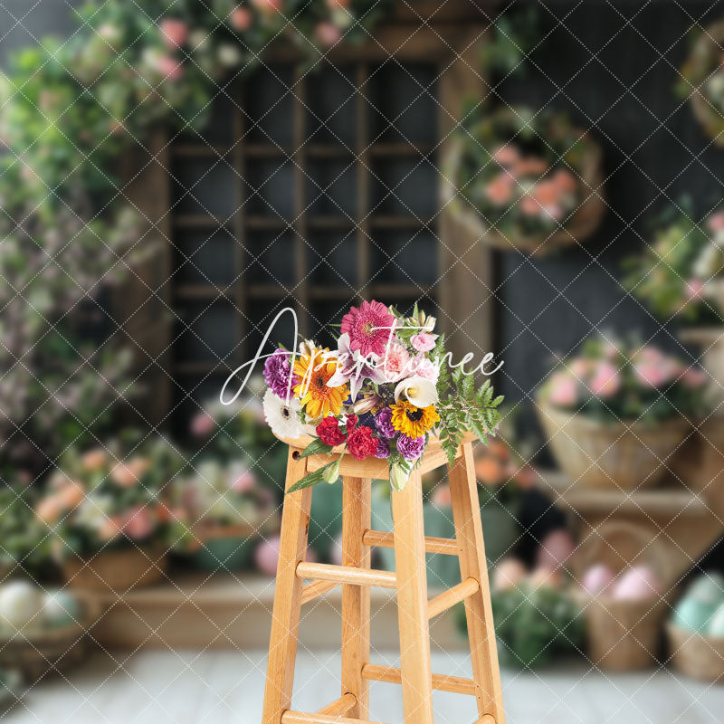 Aperturee - Aperturee Wood Stairs Greenery Floral Eggs Easter Backdrop