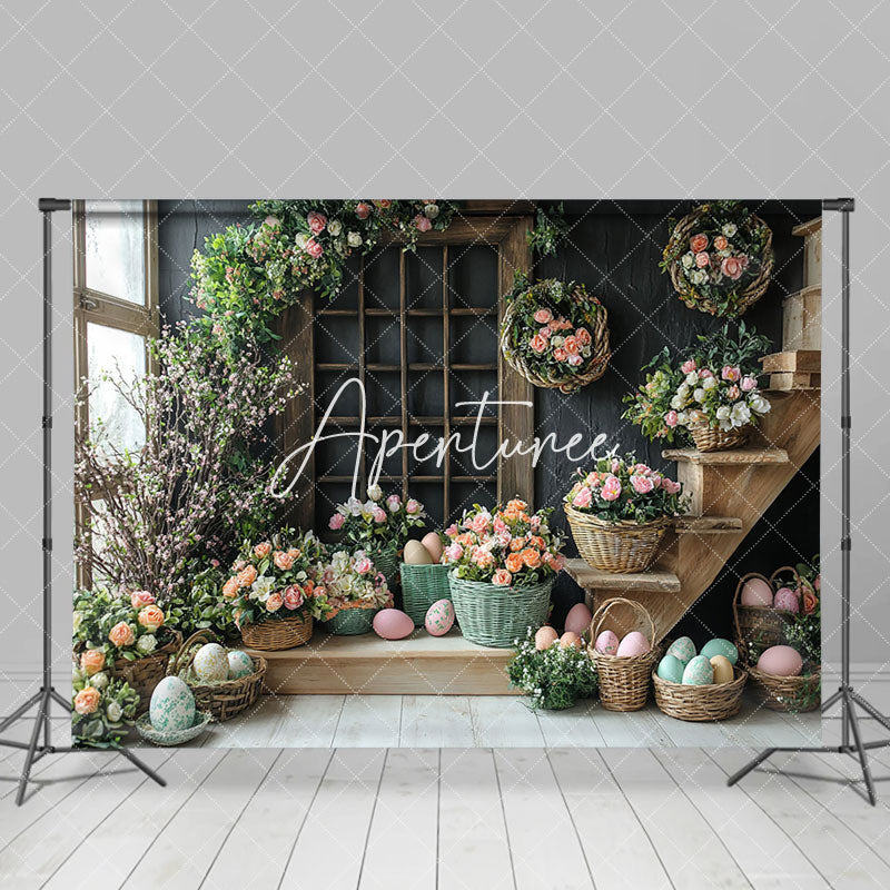 Aperturee - Aperturee Wood Stairs Greenery Floral Eggs Easter Backdrop