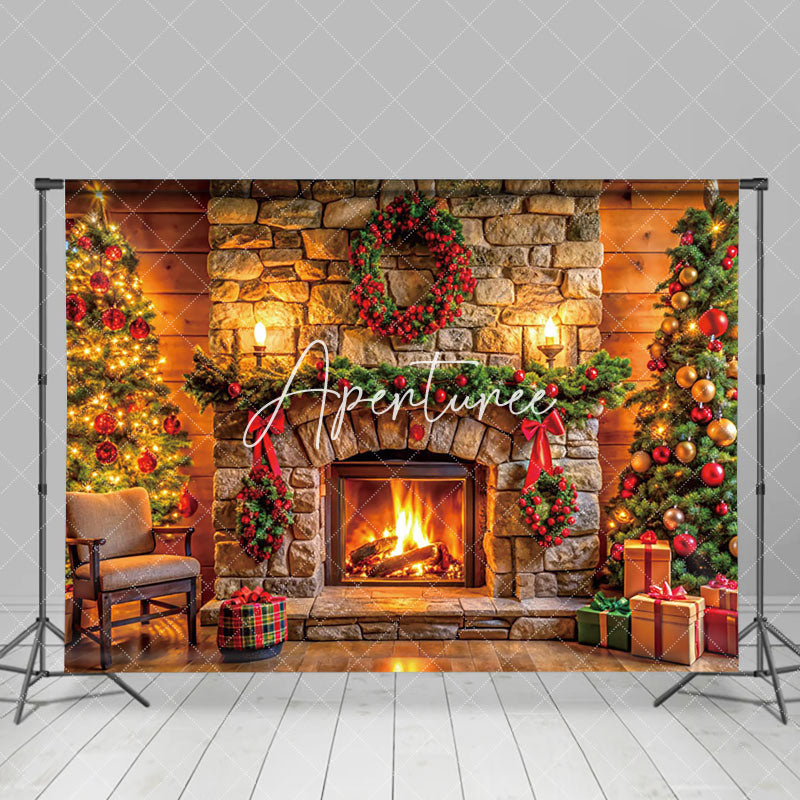 Aperturee - Aperturee Wood Wall Bricks Fireplace Wreath Christmas Backdrop