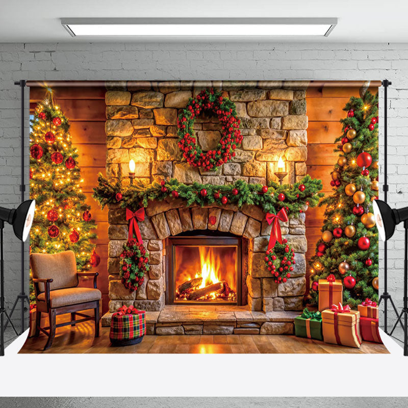 Aperturee - Aperturee Wood Wall Bricks Fireplace Wreath Christmas Backdrop